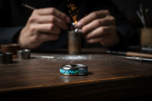 Handcrafted tungsten opal ring in an artisan jewelry workshop — how rings are made at WildBeard Legacy Co., Fort Collins, CO