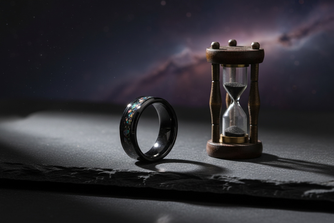 Handcrafted black ceramic memorial ring beside an hourglass — memorial jewelry timeline, WildBeard Legacy Co., Fort Collins, CO