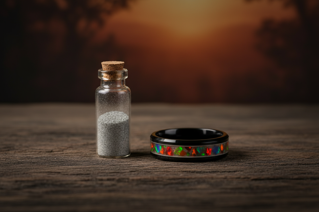 Handcrafted black ceramic opal ring beside a small vial of ash — cremation memorial jewelry process, WildBeard Legacy Co.