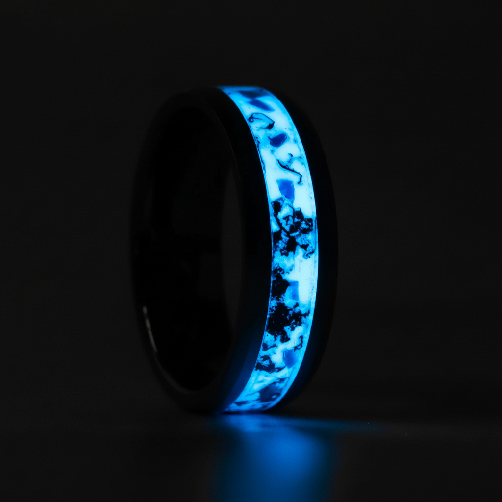 Luminescent custom ring glowing blue on a black background for custom wedding rings| WildBeard Forge