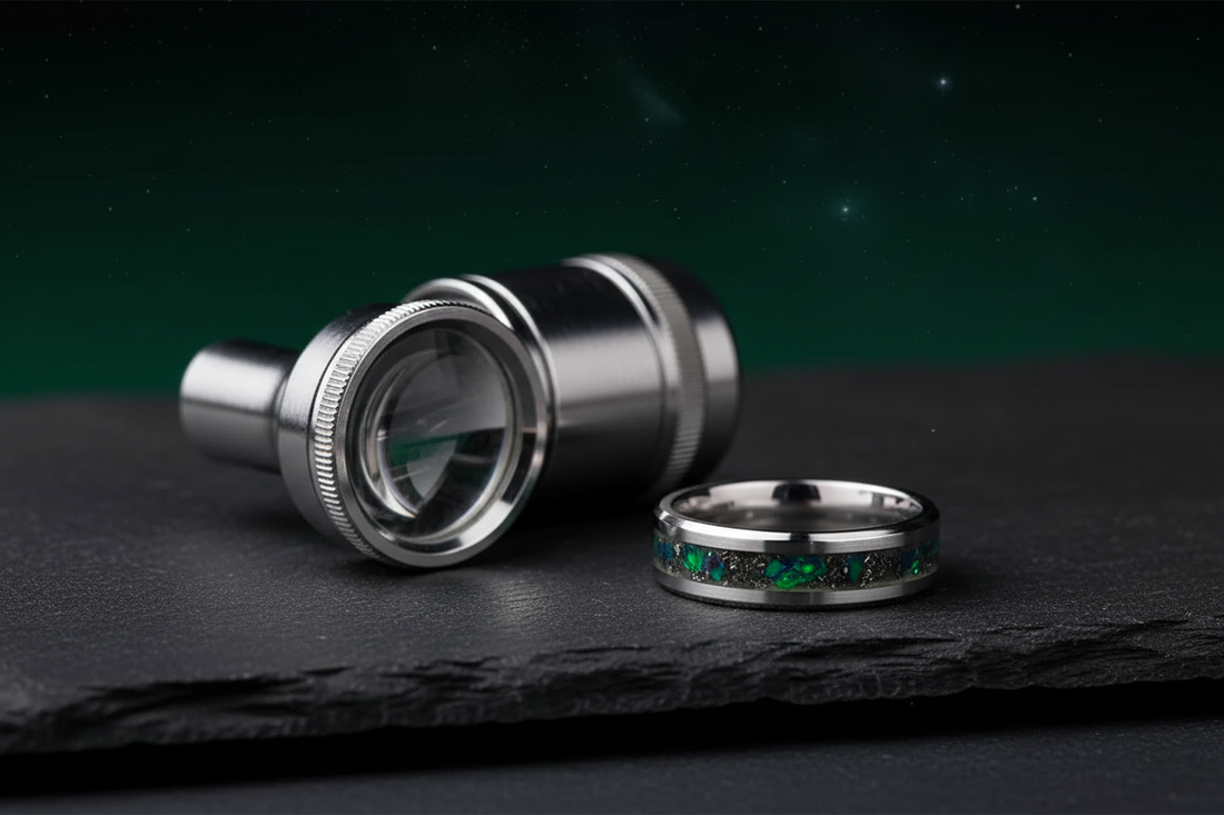 Handcrafted black ceramic meteorite ring with jeweler's loupe — authentic handcrafted memorial jewelry by WildBeard Legacy Co.