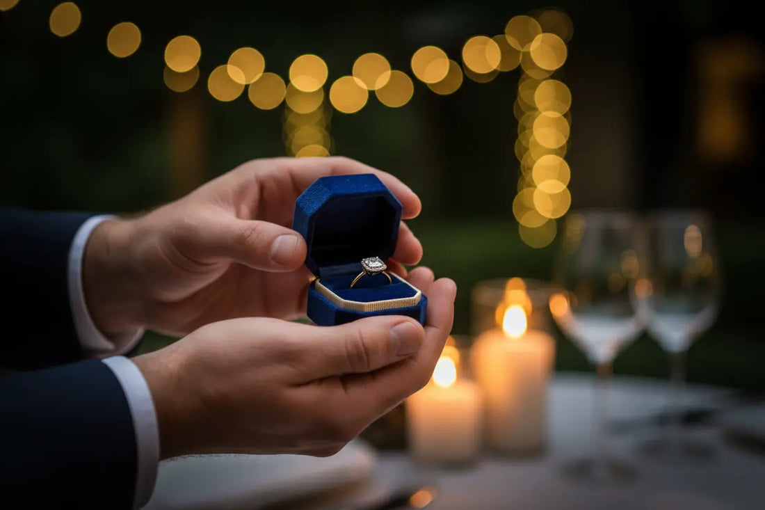 Man holding elegant engagement ring box planning marriage proposal - romantic setting with warm golden lighting capturing the anticipation and emotion of proposal planning
