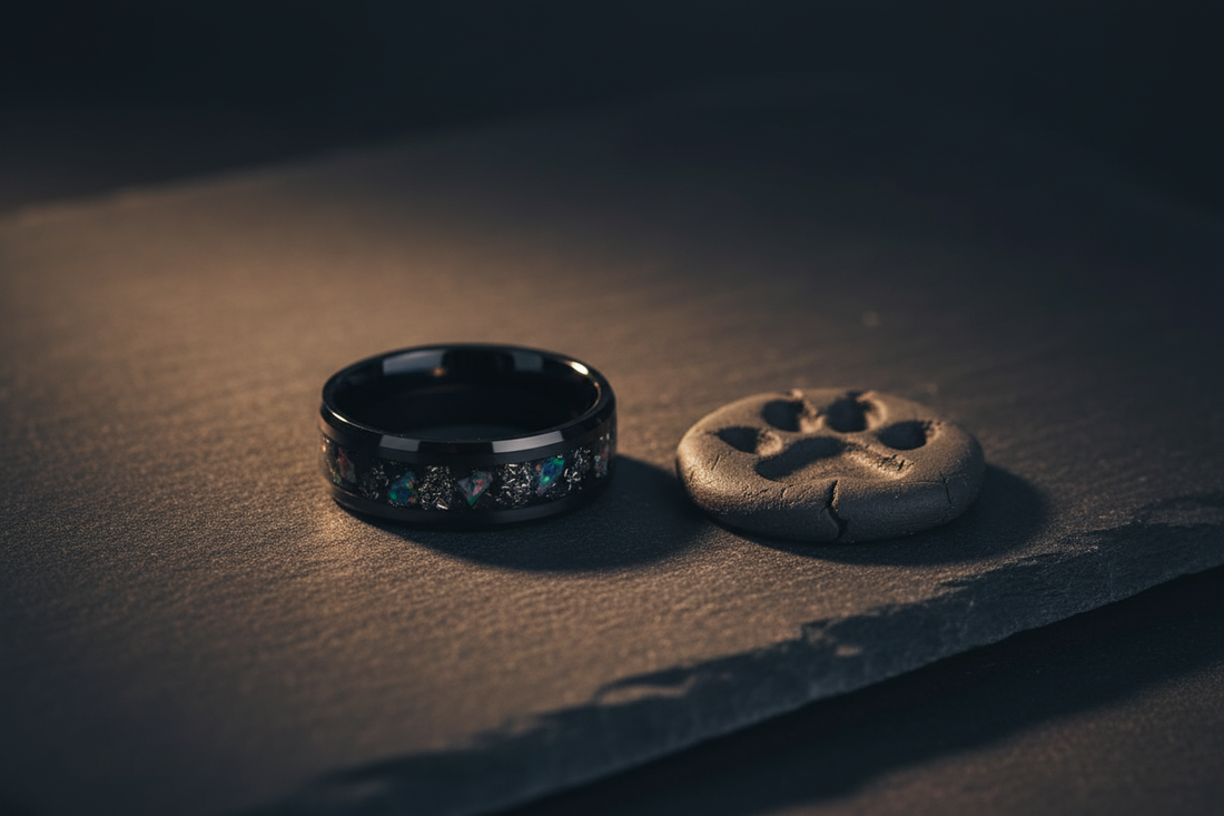 Handcrafted black ceramic memorial ring beside a cat paw print — memorial jewelry for cat loss, WildBeard Legacy Co.