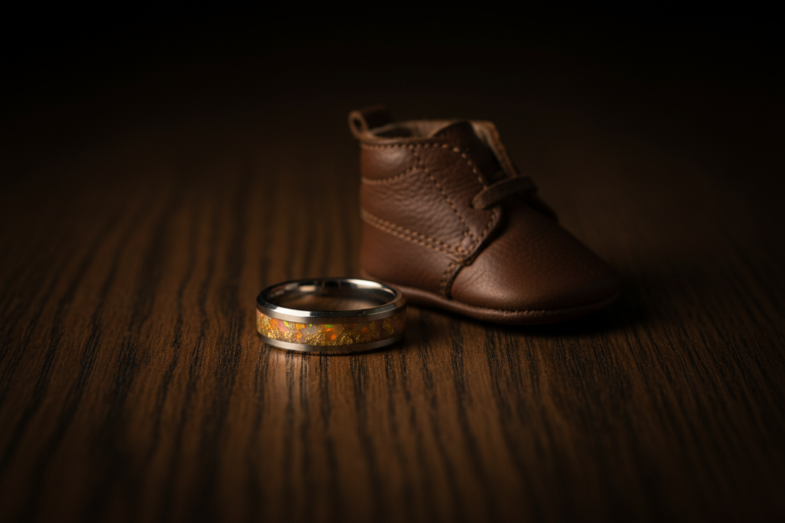 andcrafted tungsten memorial ring beside a small child's keepsake — memorial jewelry for loss of a child, WildBeard Legacy Co., Fort Collins, CO