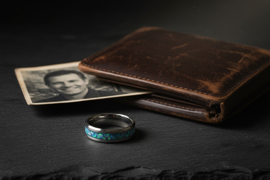 Handcrafted tungsten opal memorial ring beside a worn leather wallet and photo — memorial jewelry for loss of a father, WildBeard Legacy Co.