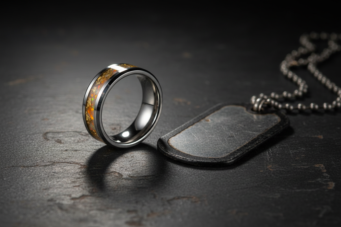 Handcrafted tungsten memorial ring beside a military dog tag — memorial jewelry for veterans and first responders, WildBeard Legacy Co.