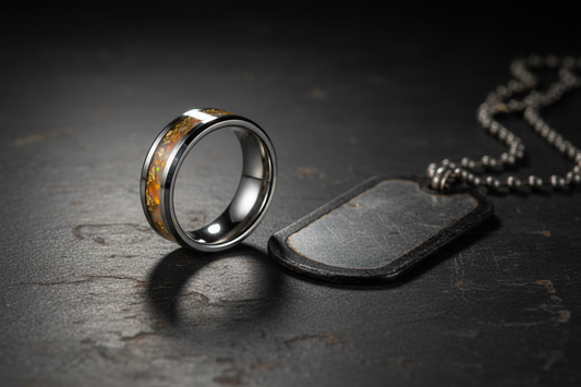 Handcrafted tungsten memorial ring beside a military dog tag — memorial jewelry for veterans and first responders, WildBeard Legacy Co.