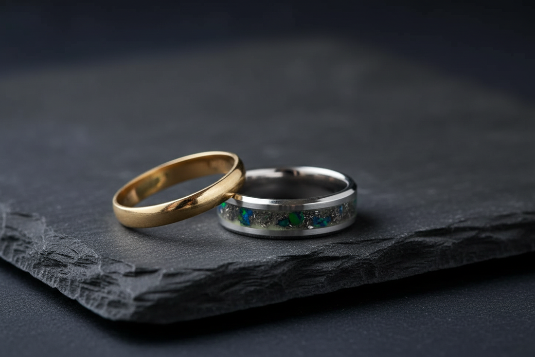 Handcrafted black ceramic meteorite ring beside a wedding band — memorial jewelry for widowers, WildBeard Legacy Co.