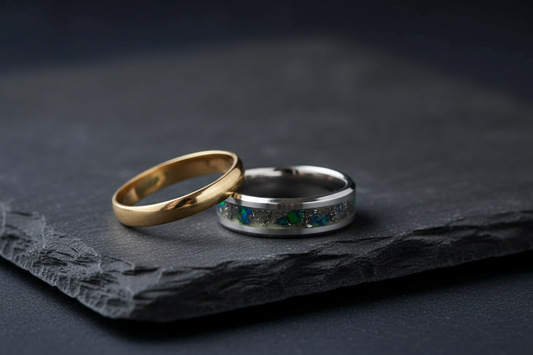 Handcrafted black ceramic meteorite ring beside a wedding band — memorial jewelry for widowers, WildBeard Legacy Co.