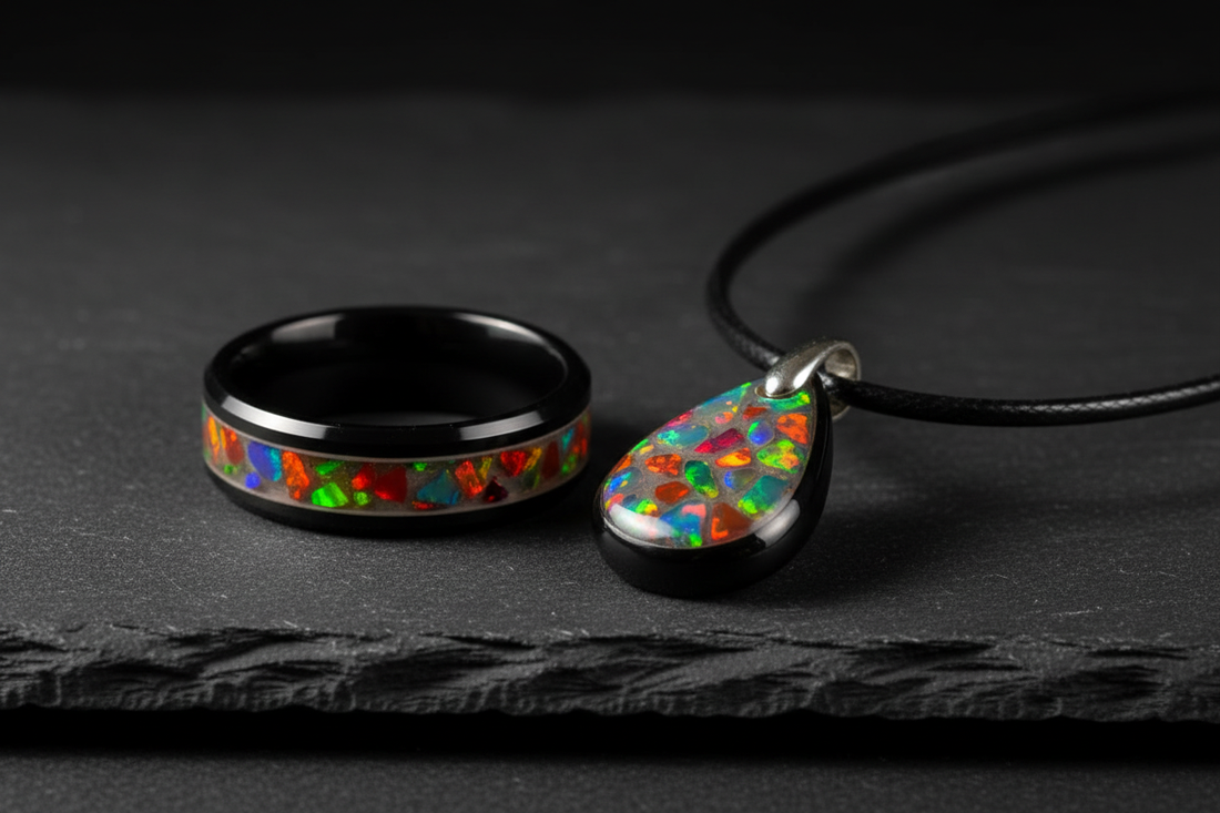 Handcrafted memorial ring and necklace pendant on dark slate — memorial ring vs necklace comparison, WildBeard Legacy Co.