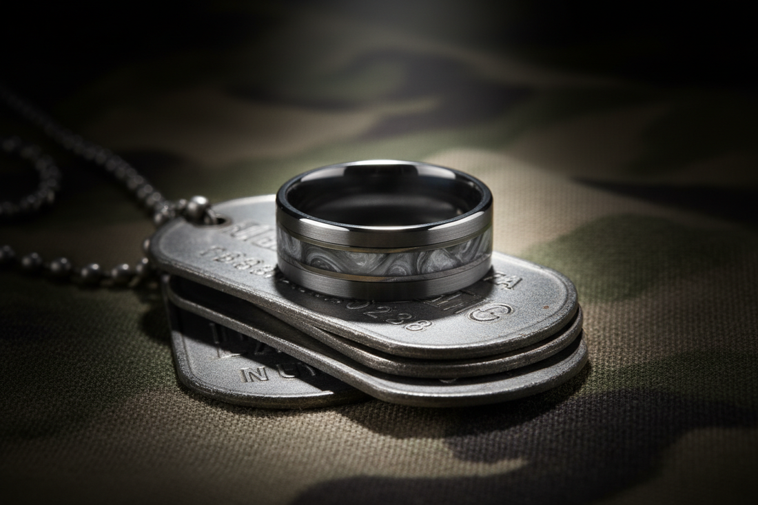 Handcrafted dark tungsten military dog memorial ring with ash inlay resting on military dog tags and camouflage fabric — WildBeard Legacy Co., Fort Collins, CO