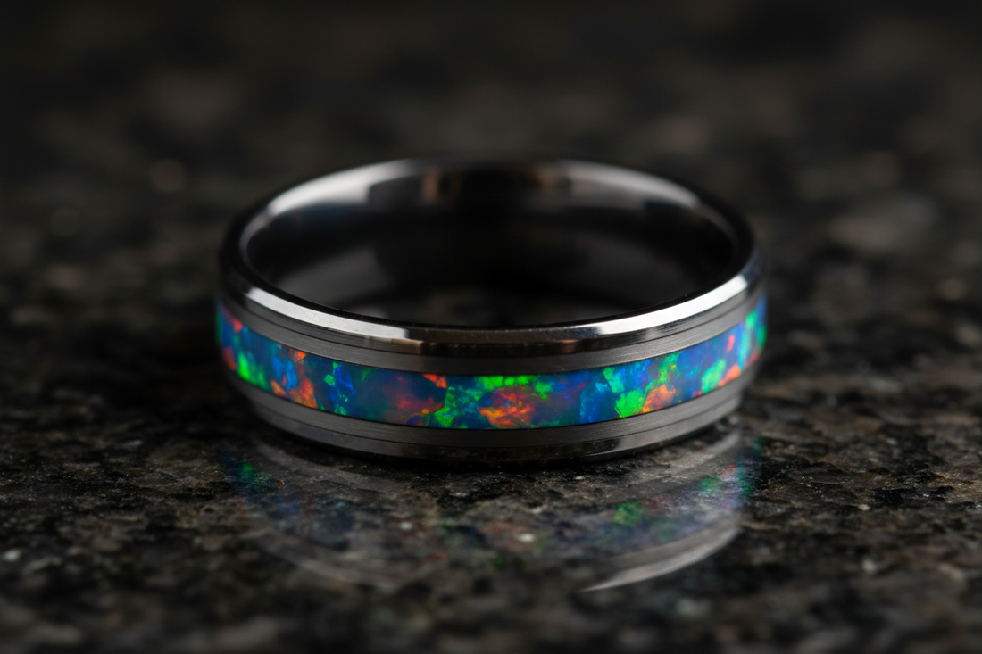 Handcrafted tungsten wedding band with opal inlay showing rainbow color play and fire — WildBeard Legacy Co., Fort Collins, CO