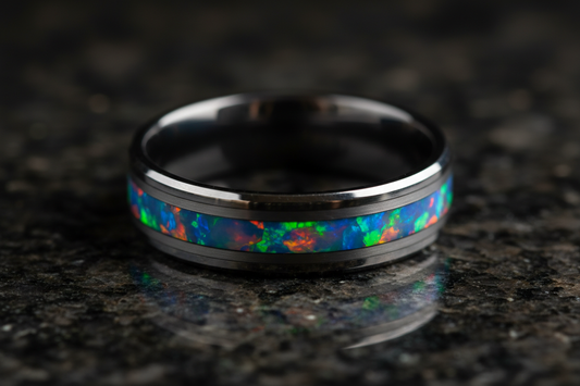 Handcrafted tungsten wedding band with opal inlay showing rainbow color play and fire — WildBeard Legacy Co., Fort Collins, CO