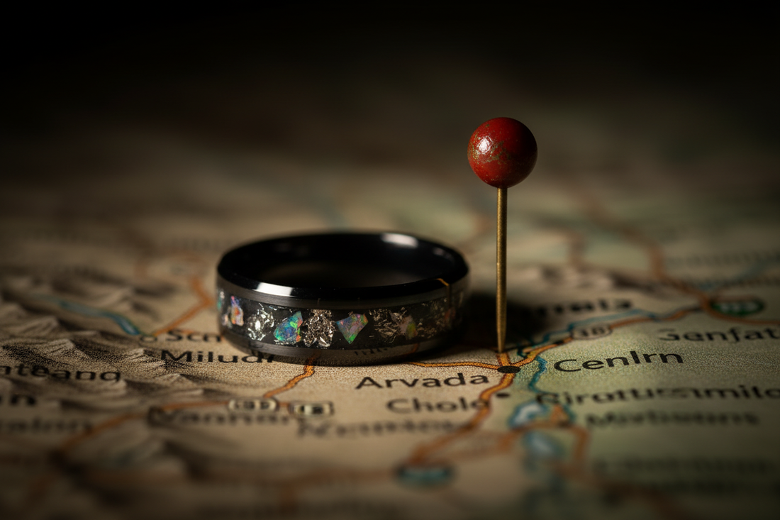 Handcrafted black ceramic memorial ring beside an Arvada Colorado map pin — pet memorial jewelry for Arvada families, WildBeard Legacy Co.