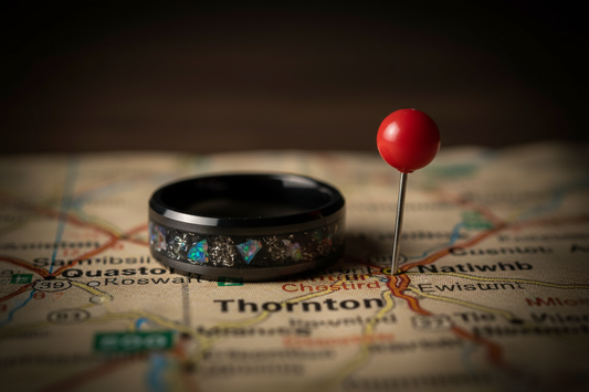 Handcrafted black ceramic memorial ring beside a Thornton Colorado map pin — pet memorial jewelry for Thornton families, WildBeard Legacy Co.
