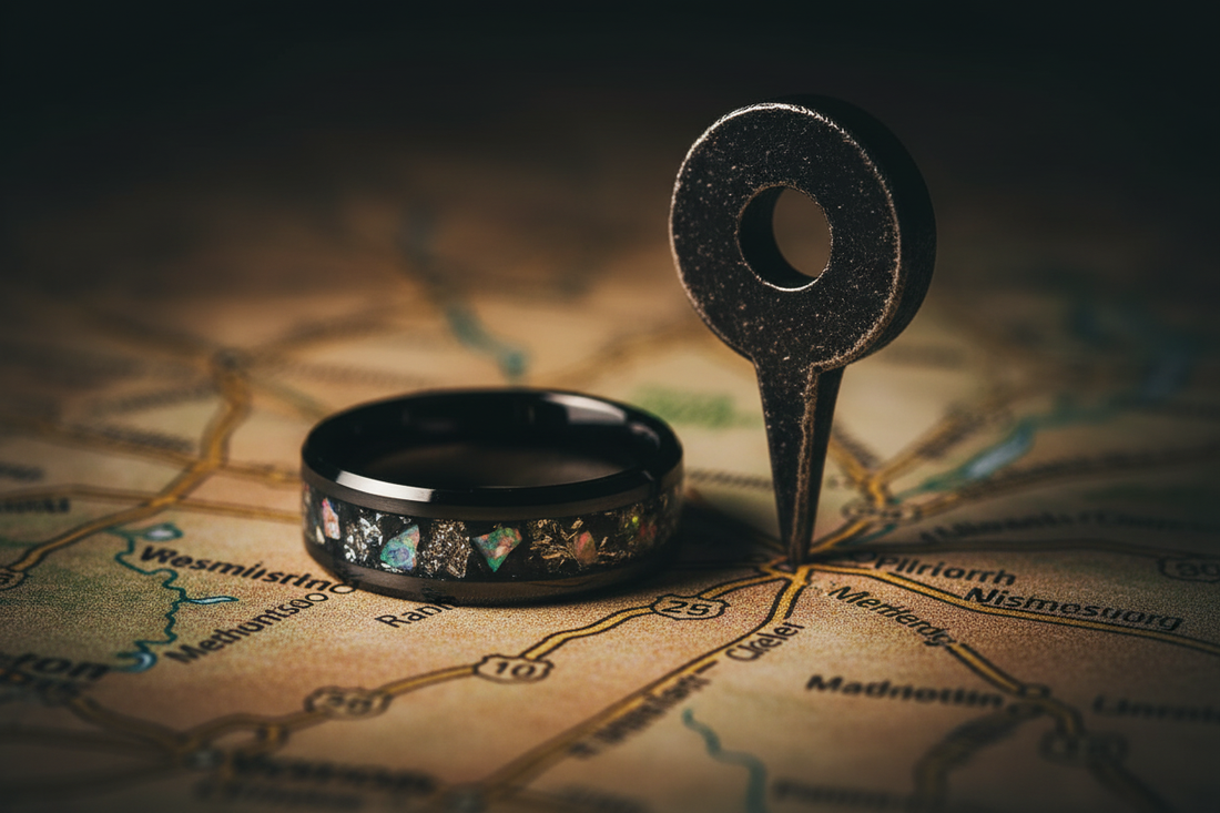 Handcrafted black ceramic memorial ring beside a Westminster Colorado map pin — pet memorial jewelry for Westminster families, WildBeard Legacy Co