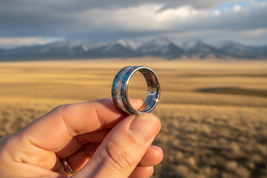 Laramie Wyoming pet memorial jewelry tungsten ring with cremation ash inlay for beloved pets