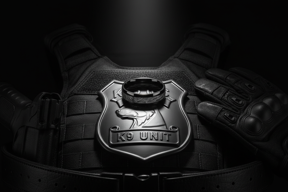 Handcrafted black tungsten police K9 memorial ring with ash inlay resting on a K9 badge and tactical gear — WildBeard Legacy Co., Fort Collins, CO