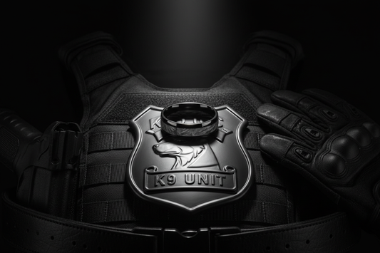 Handcrafted black tungsten police K9 memorial ring with ash inlay resting on a K9 badge and tactical gear — WildBeard Legacy Co., Fort Collins, CO