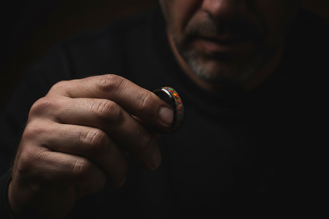 Man holding a handcrafted black ceramic opal memorial ring — cremation ash keepsake jewelry by WildBeard Legacy Co.