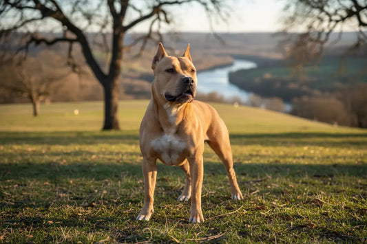 tan colored american pitbull in a scenic grassy background with a river in the scene