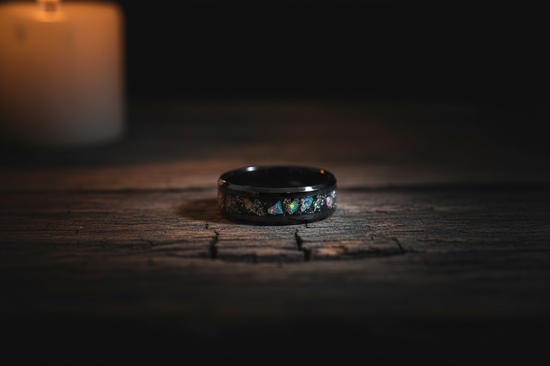Handcrafted black ceramic memorial ring with opal ash inlay on dark wood — WildBeard Legacy Co., Fort Collins, CO