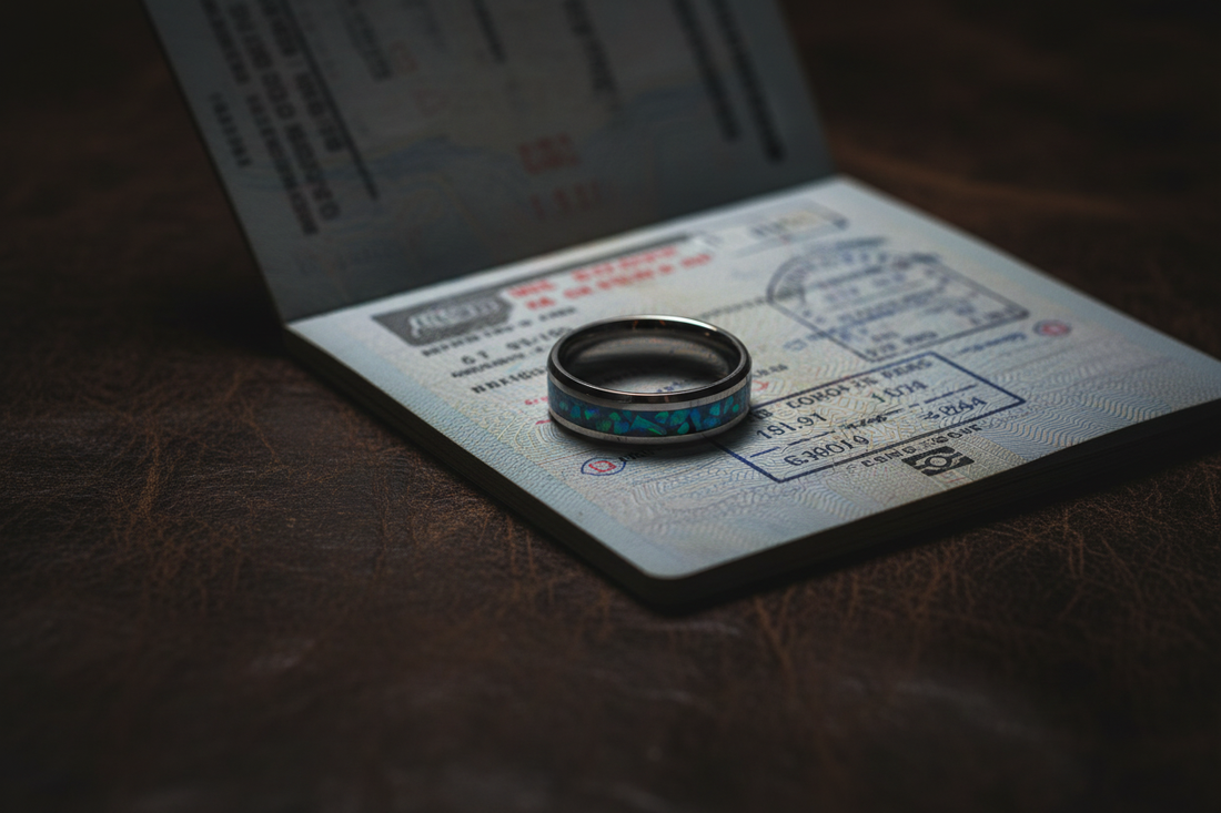 Handcrafted tungsten opal memorial ring inside an open passport — travel with cremation jewelry, WildBeard Legacy Co.