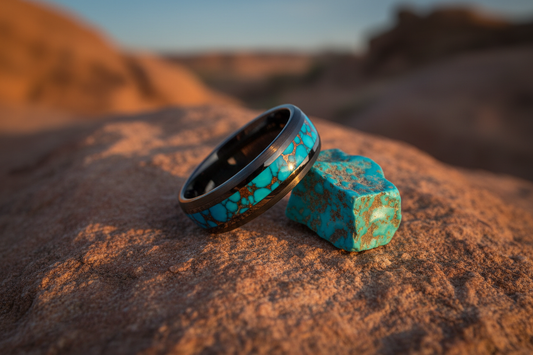 Handcrafted black ceramic opal ring beside raw turquoise stone — turquoise inlay rings by WildBeard Legacy Co., Fort Collins, CO