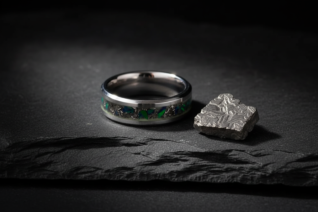 Handcrafted black ceramic meteorite ring beside raw Gibeon meteorite — what is meteorite inlay jewelry, WildBeard Legacy Co.