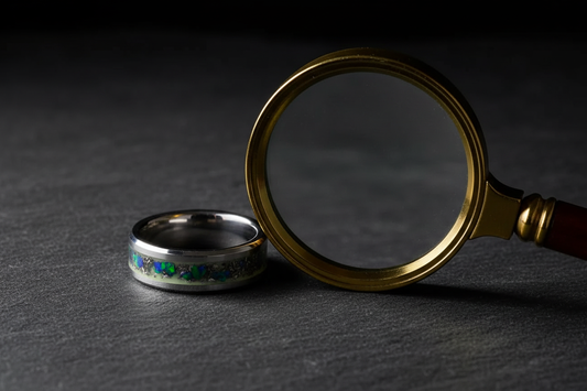 Close-up of handcrafted black ceramic ring with opal inlay detail — what is opal inlay, WildBeard Legacy Co., Fort Collins, CO