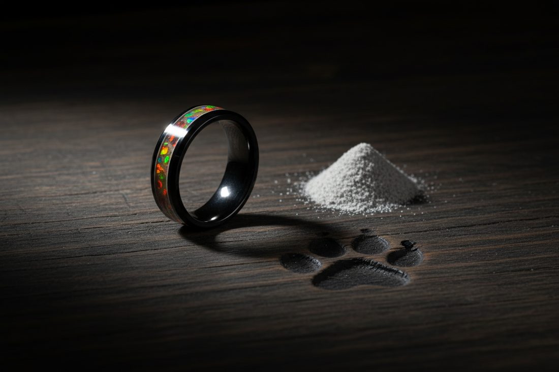 andcrafted black ceramic opal ring beside dog ashes and a paw print — what to do with dog ashes after cremation, WildBeard Legacy Co.