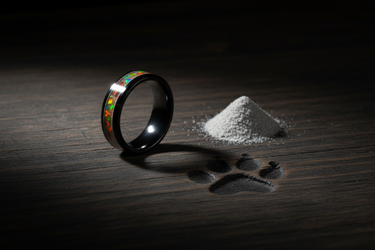 andcrafted black ceramic opal ring beside dog ashes and a paw print — what to do with dog ashes after cremation, WildBeard Legacy Co.