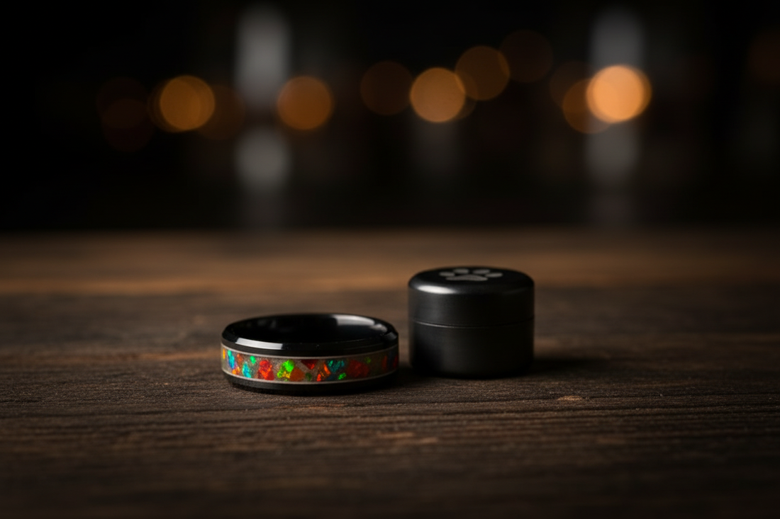  Handcrafted black ceramic memorial ring beside a sealed container of pet ashes — what to do with pet ashes, WildBeard Legacy Co., Fort Collins, CO