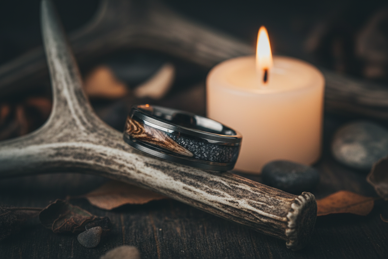 Handcrafted tungsten antler and ash memorial ring with dual deer antler and cremation ash inlay resting on a shed antler — WildBeard Legacy Co.