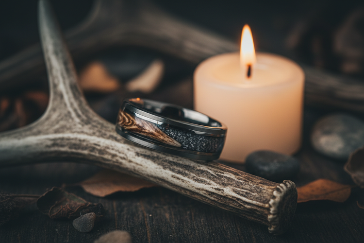 Handcrafted tungsten antler and ash memorial ring with dual deer antler and cremation ash inlay resting on a shed antler — WildBeard Legacy Co.