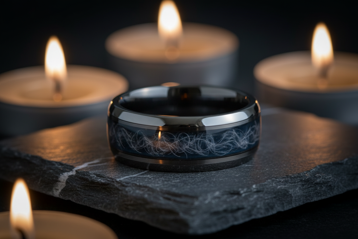 Handcrafted tungsten cremation ash ring with ash inlay visible in resin on dark slate — WildBeard Legacy Co.