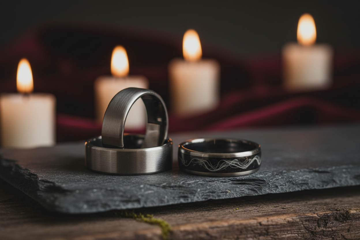 Handcrafted tungsten ashes wedding bands with cremation ash inlay resting together on dark slate — WildBeard Legacy Co.