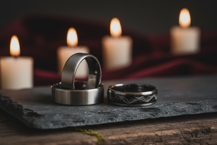 Handcrafted tungsten ashes wedding bands with cremation ash inlay resting together on dark slate — WildBeard Legacy Co.