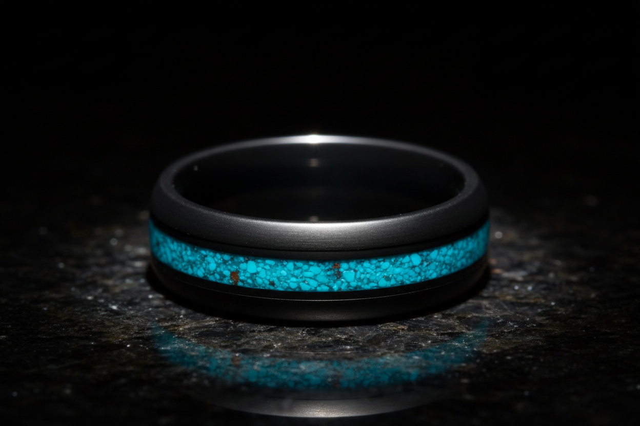 Handcrafted matte black tungsten memorial ring with turquoise channel inlay on polished black granite — WildBeard Legacy Co.