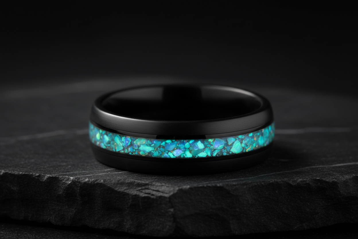 Handcrafted smooth matte black carbon fiber ring with turquoise stone channel inlay on dark slate — WildBeard Legacy Co.