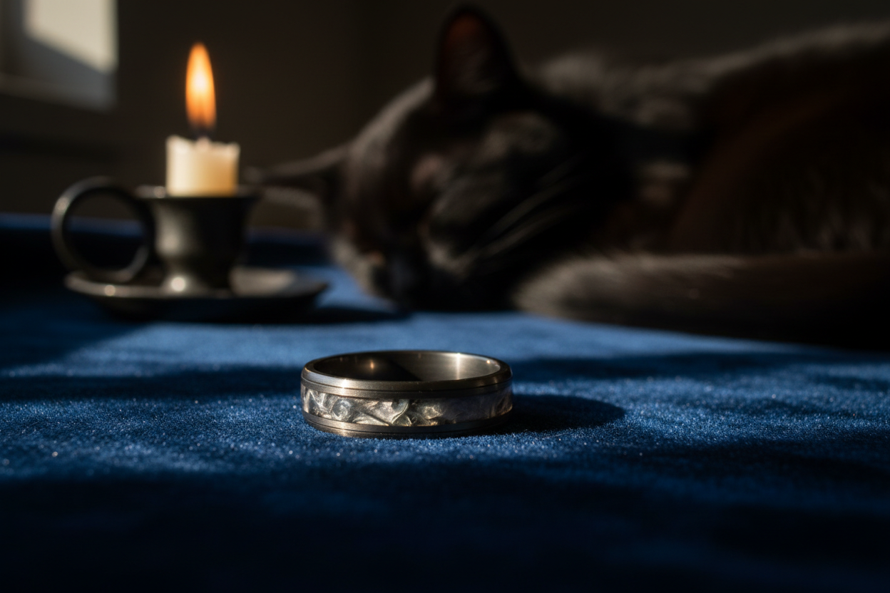 Handcrafted cat memorial ring with ash inlay beside a resting cat — WildBeard Legacy Co.