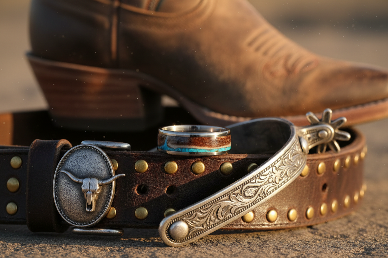 Handcrafted tungsten cowboy memorial ring with antler inlay resting on worn leather gun belt — WildBeard Legacy Co.
