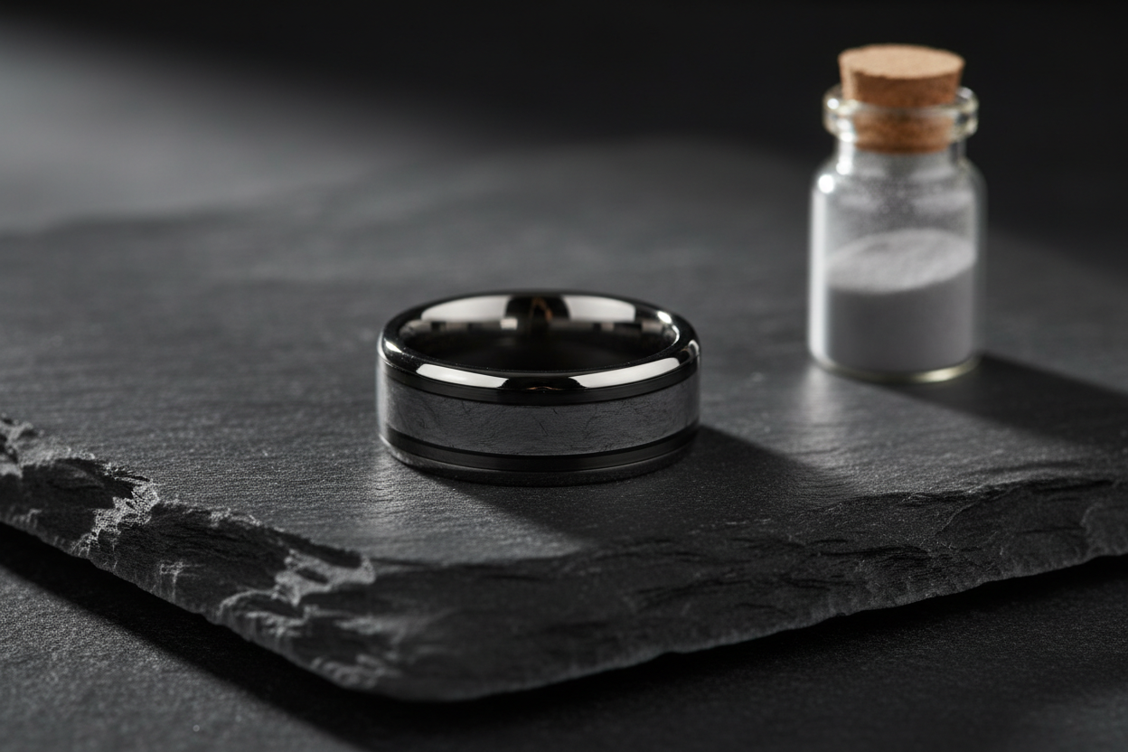 Handcrafted tungsten cremation jewelry ring with ash inlay on dark slate beside a glass vial of ash — WildBeard Legacy Co.