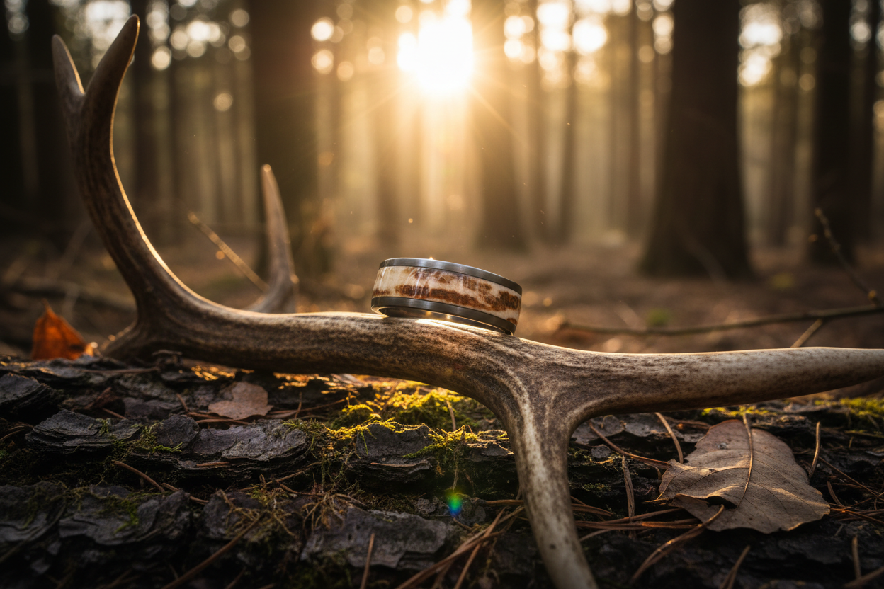 Handcrafted tungsten deer antler ring with natural antler inlay resting on a shed antler in golden-hour forest light — WildBeard Legacy Co.