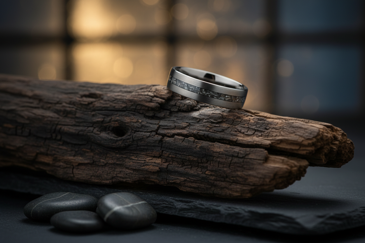Handcrafted dog memorial ring with ash inlay on weathered wood — WildBeard Legacy Co.