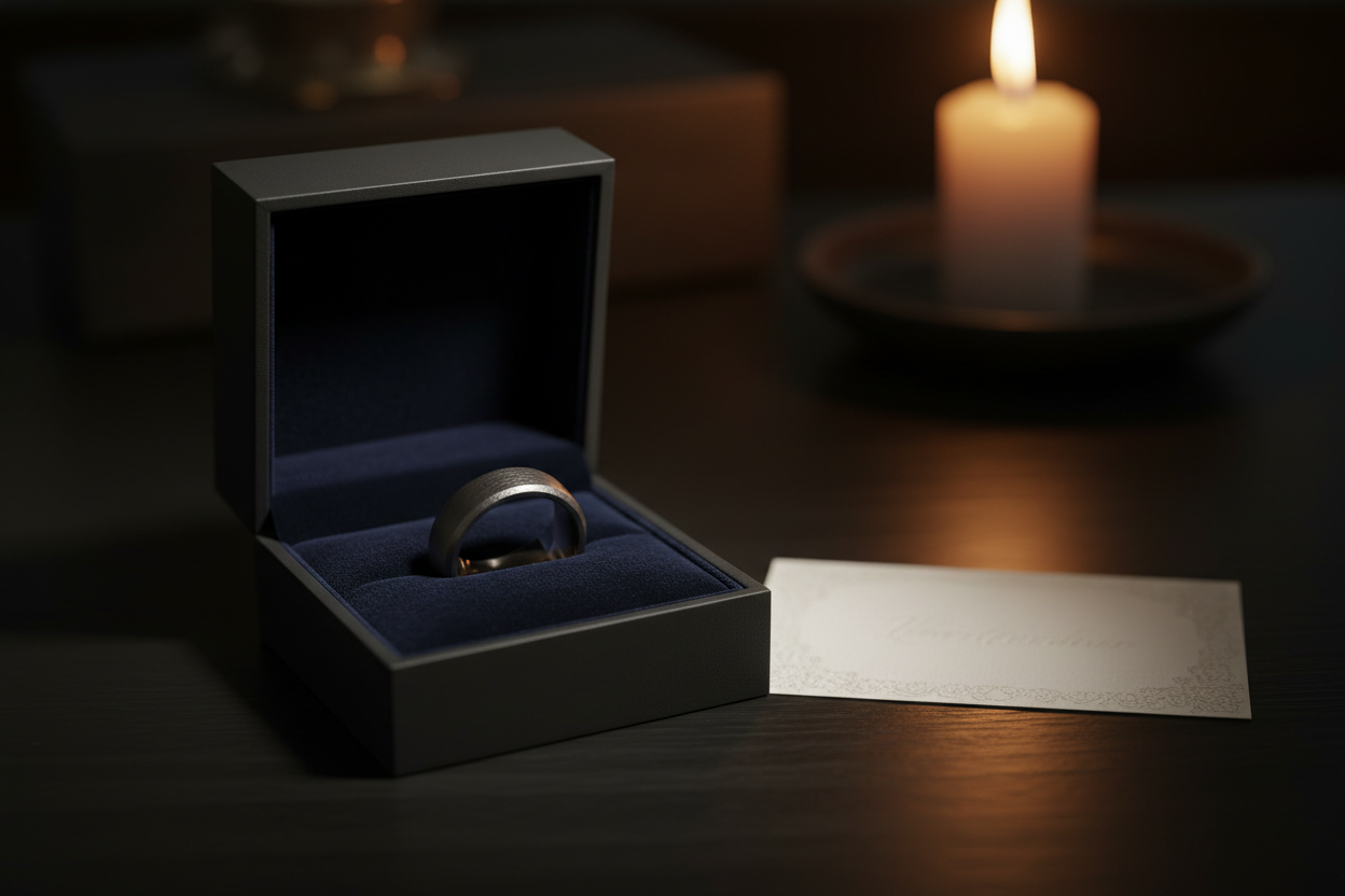 Handcrafted tungsten memorial ring presented in a matte black velvet gift box with certificate of authenticity — WildBeard Legacy Co.