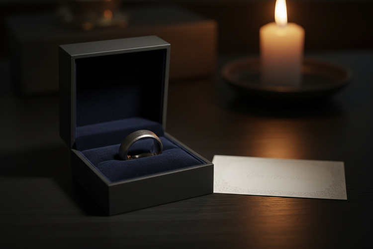 Handcrafted tungsten memorial ring presented in a matte black velvet gift box with certificate of authenticity — WildBeard Legacy Co.