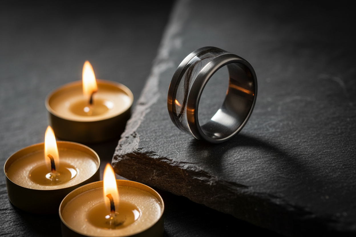 Handcrafted hair memorial ring with hair strand preserved in clear resin inlay on dark wood — WildBeard Legacy Co.