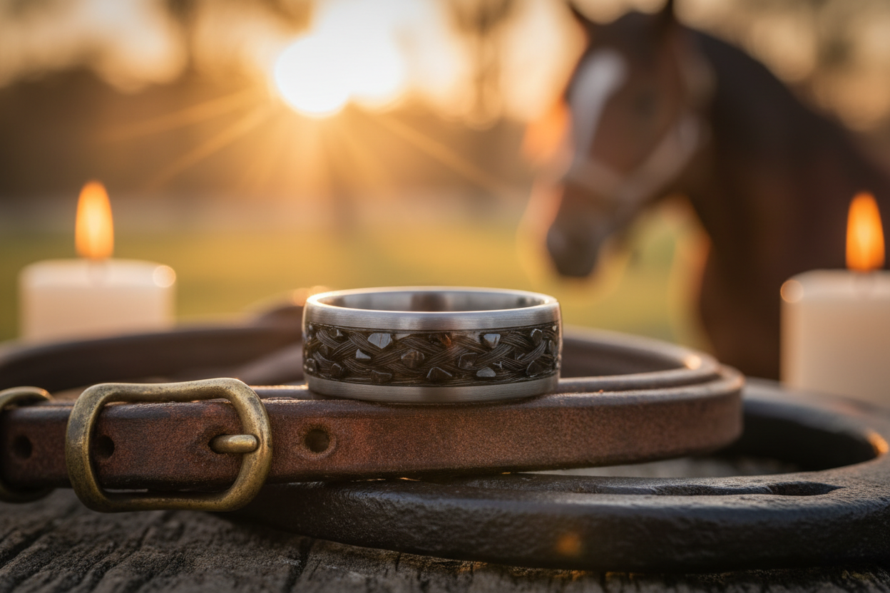 Handcrafted horse memorial ring with hair inlay resting on worn leather, horse softly blurred in background — WildBeard Legacy Co.