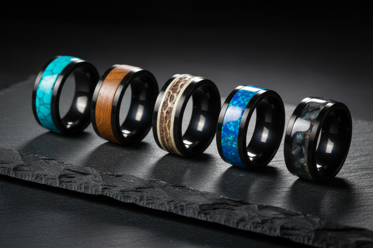 Collection of bold handcrafted masculine memorial rings with turquoise, wood, antler, opal, and ash inlays on dark slate — WildBeard Legacy Co.